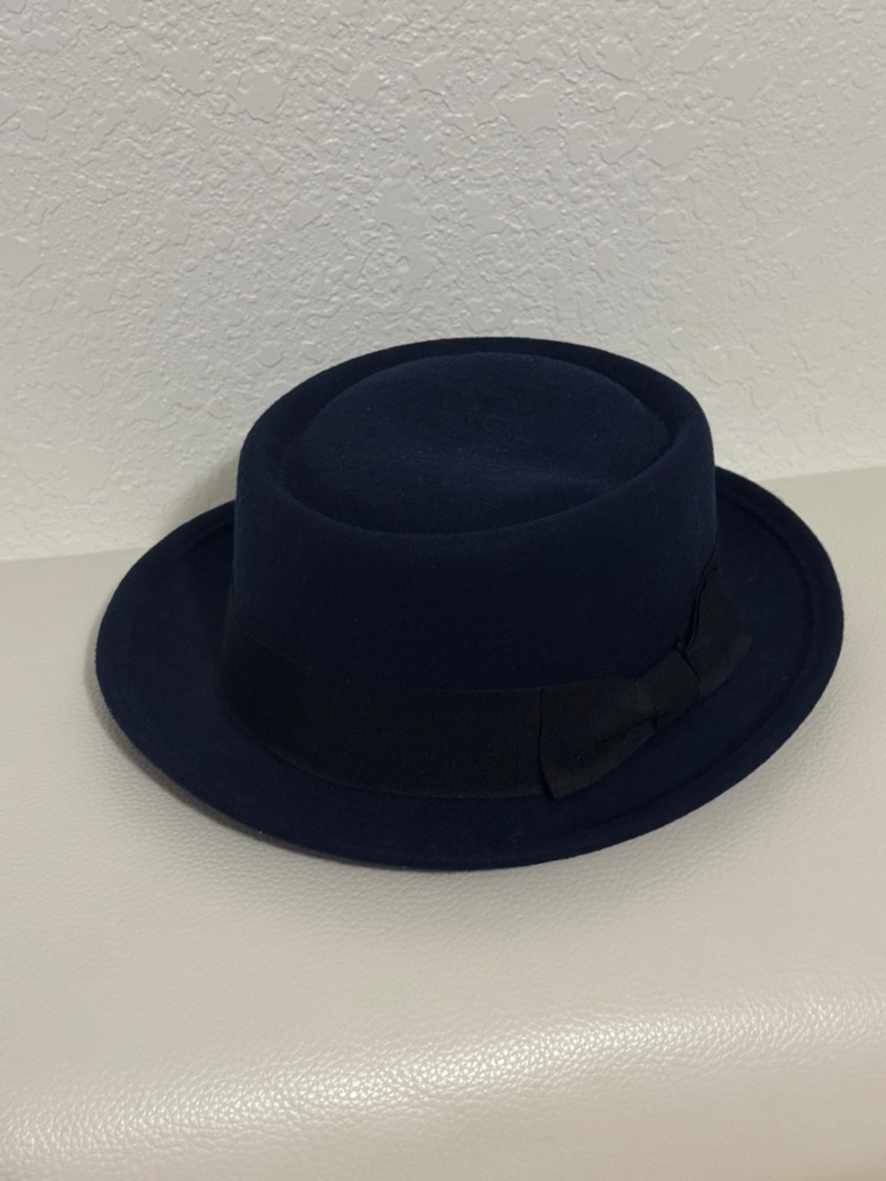 Navy Wool Pork Pie Hat with Black Band